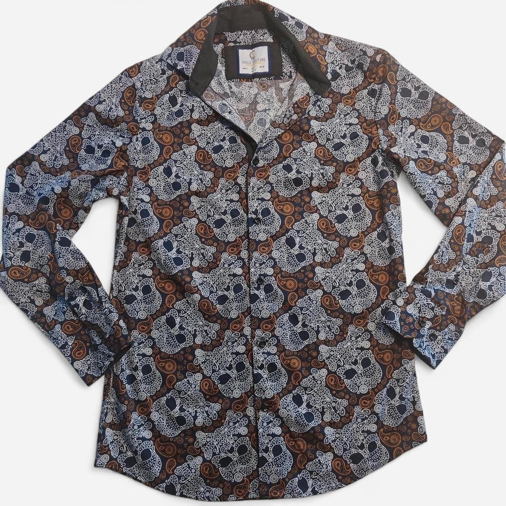 Suslo Couture Mens Small Slim Fit Skull Paisley Button Up Shirt Navy Brown